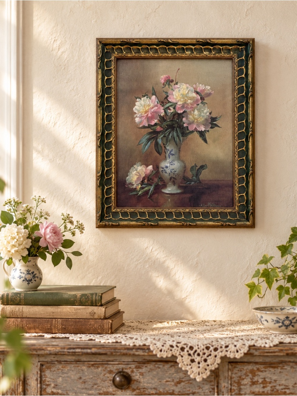 Vintage Albert Williams Floral Still Life Framed Print Peonies Ornate Gold Green